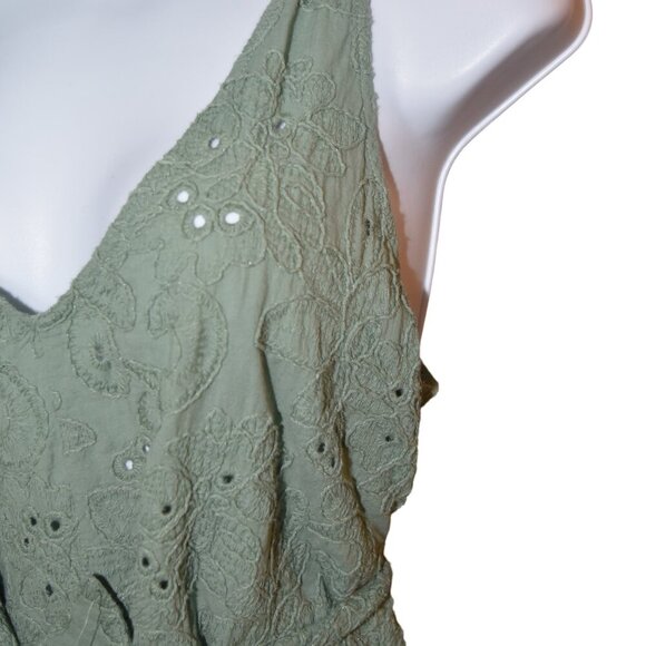 Zara Large Eyelet Lace Romper Women’s L Sage Green Cotton Blend Tie Waist Boho - Picture 4 of 9